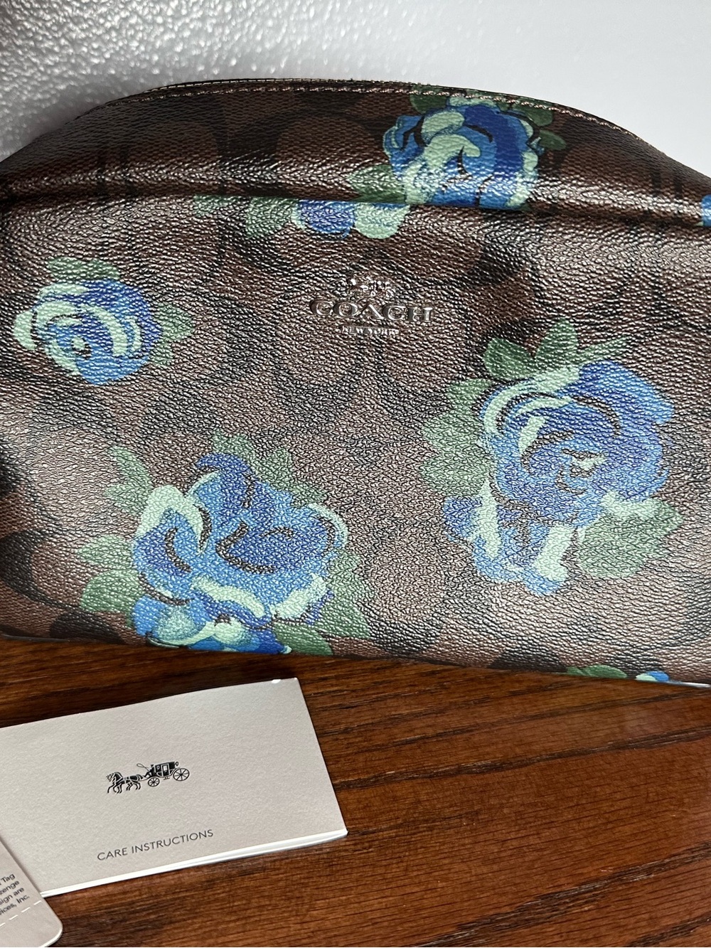 Coach Brown Cosmetic Bag with Blue Floral Print